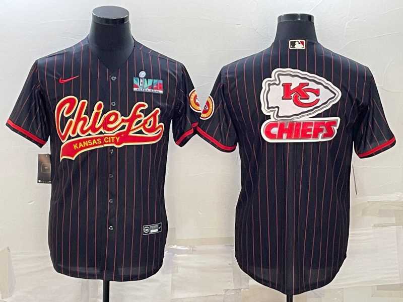 Mens Kansas City Chiefs Black Team Big Logo With Super Bowl LVII Patch Cool Base Stitched Baseball Jersey